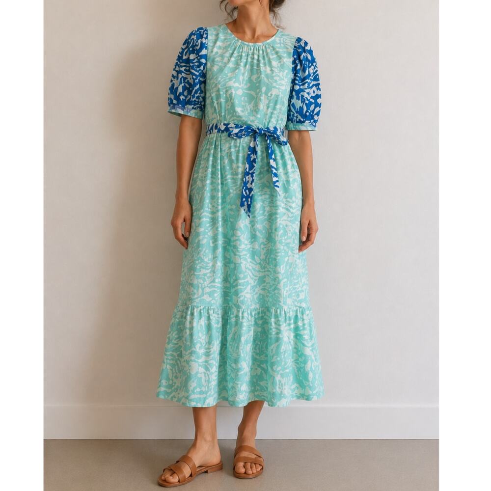 Olivia James The Label Aqua Blue Floral Print Belted Midi Dress Wedding Size S